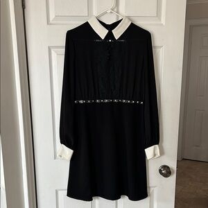 The Kooples Black Long-Sleeve Dress with White Collar & Cuffs